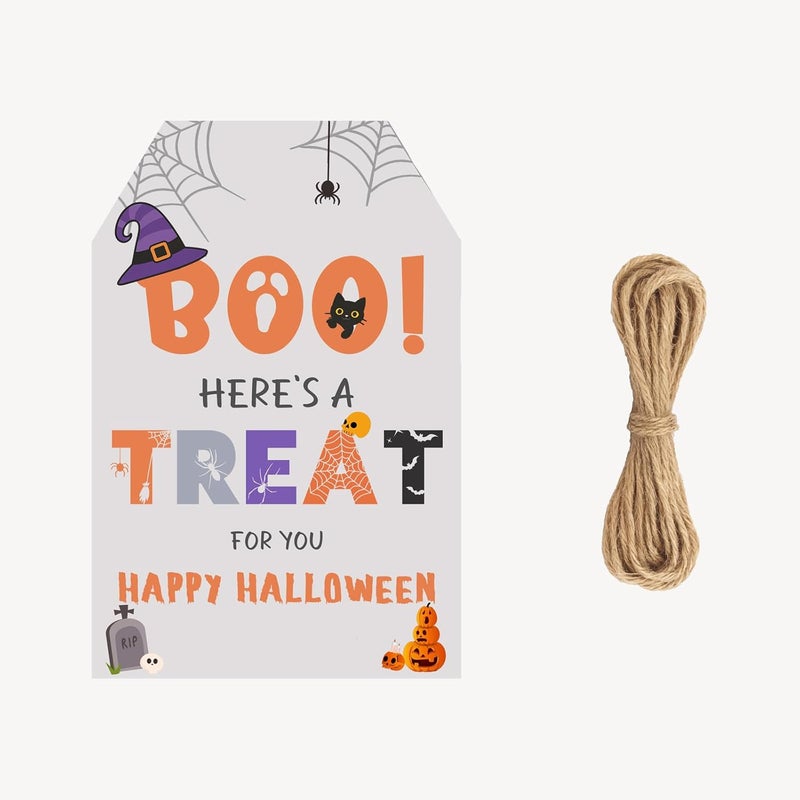 llyinglpdec 50PCS Halloween Paper Tags with String, 2.2"x3.3" Boo Treat Tags for Candy Bags, Pumpkin Cat Bat Design, Party Favor for Halloween Decorations - Image 1